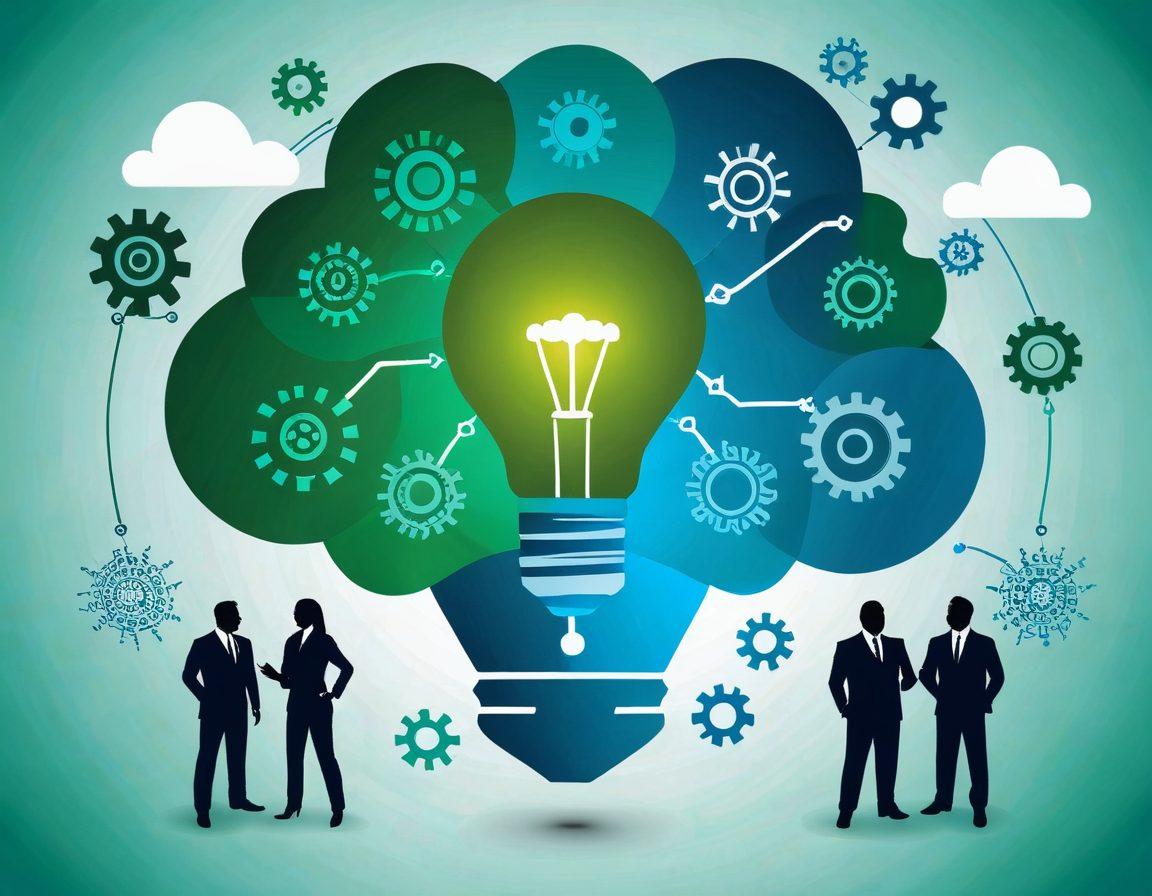 A dynamic flowchart representing the journey from a lightbulb icon (idea) to a powerful rocket launching (impact), surrounded by gears symbolizing effective strategies. The background is a vibrant blend of blue and green, conveying innovation and growth, with silhouettes of diverse business people collaborating. Use a flat design style with bold colors and clean lines.