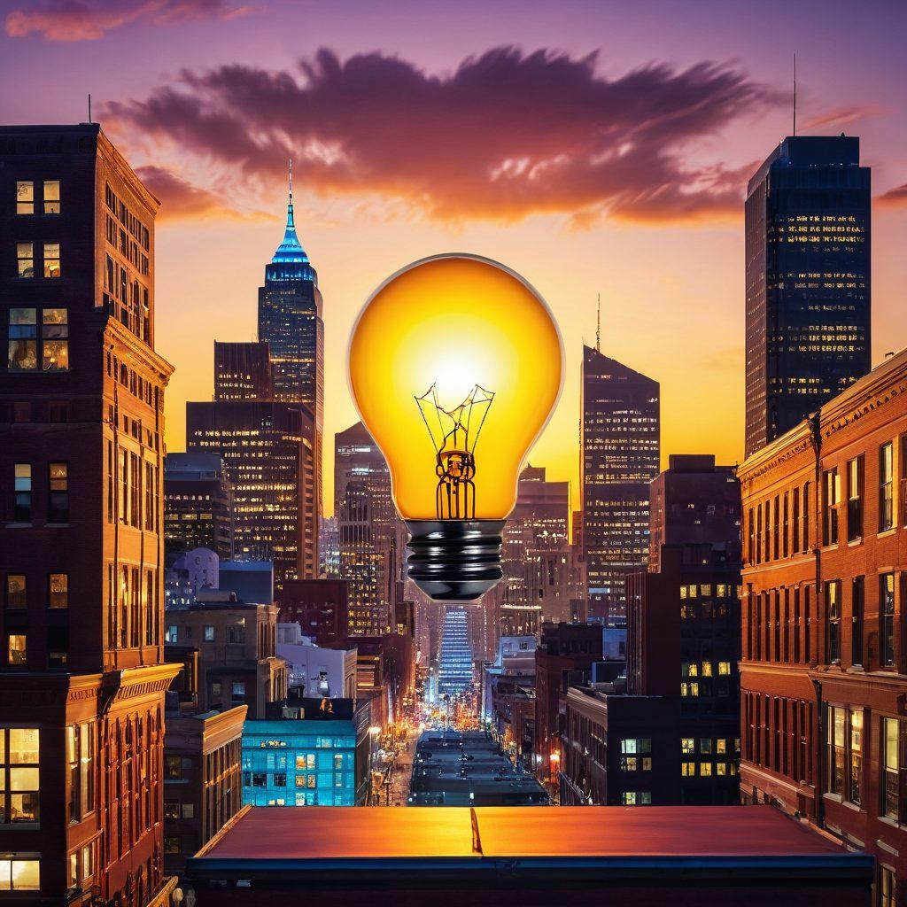 A key unlocking a glowing light bulb, symbolizing bright ideas and success, surrounded by elements like a small shop, charts showing growth, and diverse entrepreneurs collaborating. The background is a city skyline representing opportunity and ambition. vibrant colors. super-realistic.