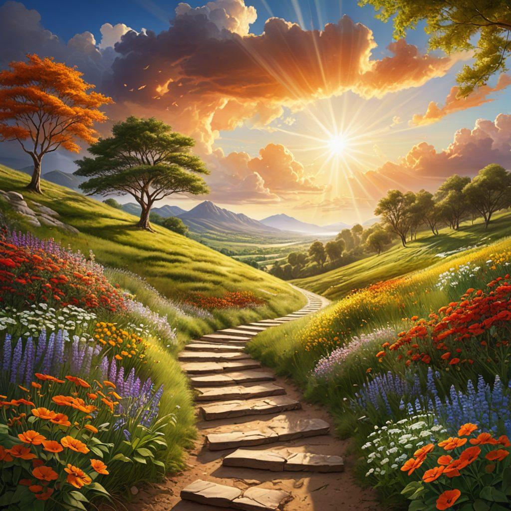 A winding path symbolizing entrepreneurs' journey, with signposts marked 'Growth', 'Innovation', and 'Resilience'. Surround the path with vibrant nature, representing opportunities and challenges. Include diverse entrepreneurs collaborating and brainstorming ideas, radiating energy and determination. Sunlight breaking through clouds above them, symbolizing clarity and breakthroughs. vibrant colors. super-realistic.